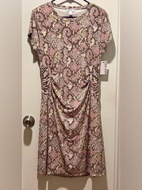 Nine West multi pastel color Snakeskin Print runch side gathered dress L